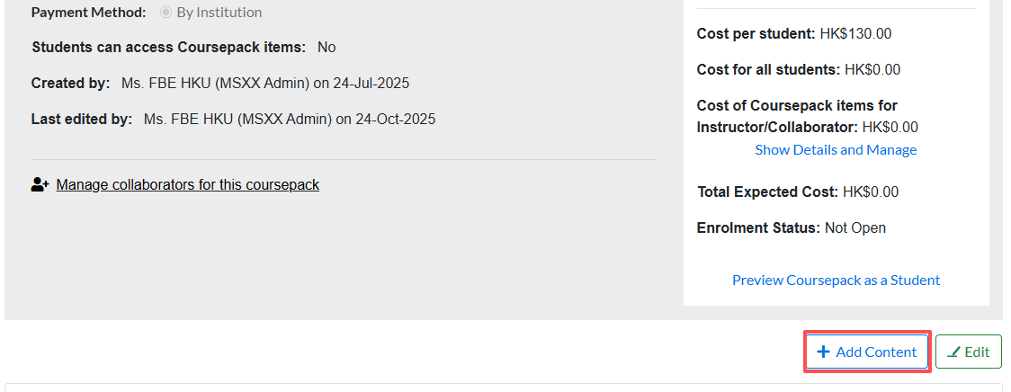 Add content button on Coursepack page